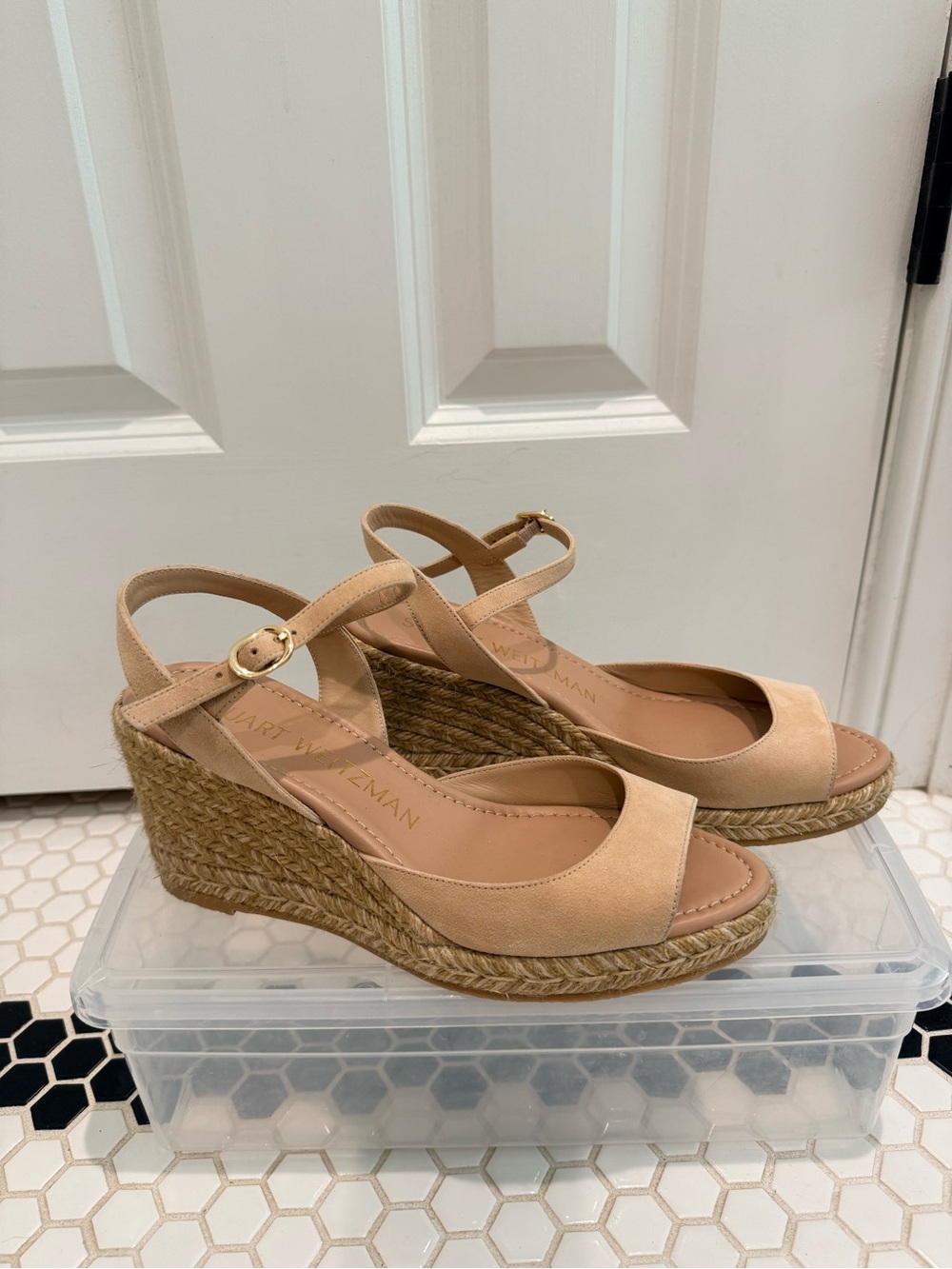 Stuart Weitzman Mirela II Nude Suede Espadrille Wedge Sandals 7.5. Like New. - Picture 5 of 11